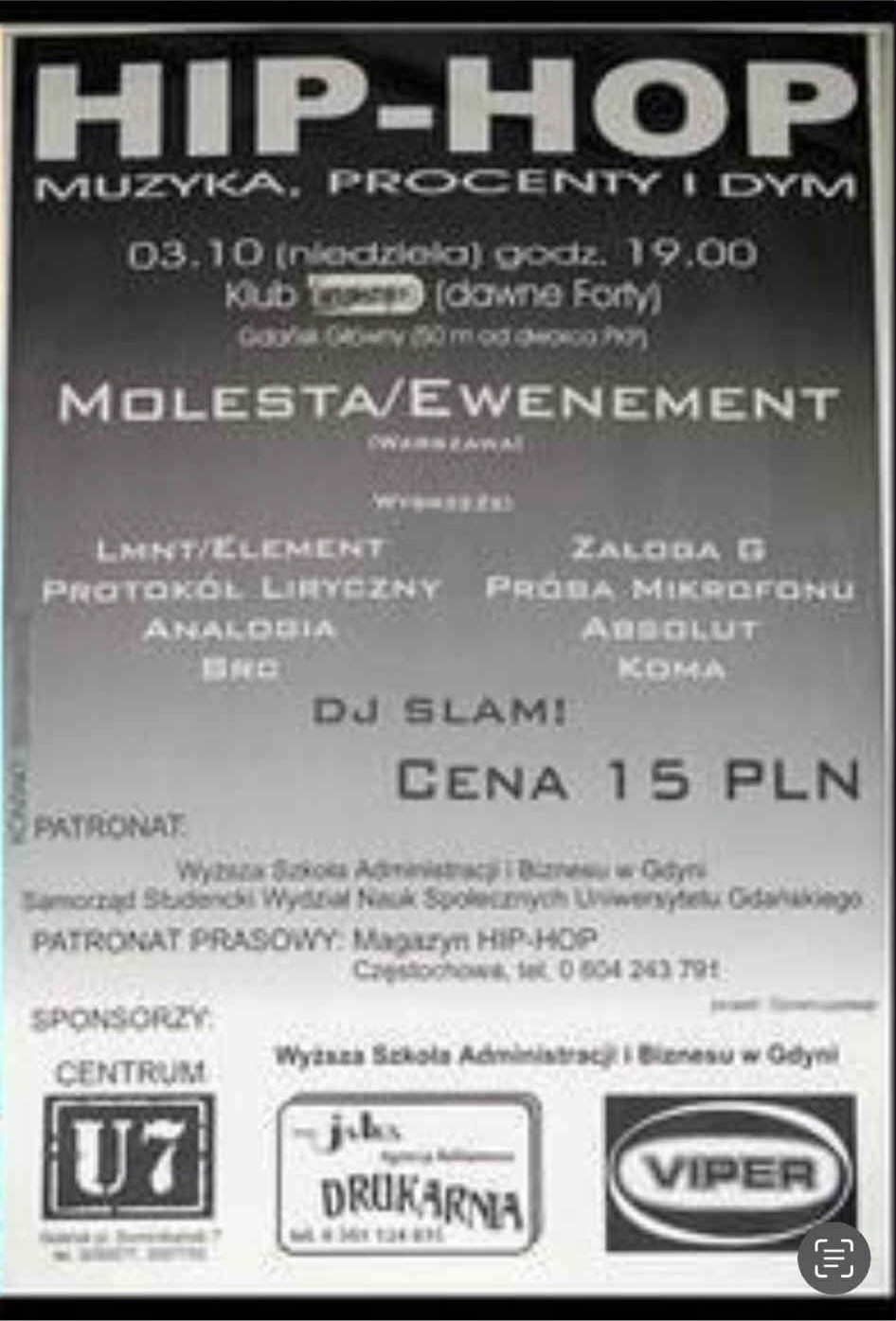 Hip-Hop concert flyer for Molesta/Ewenement, Wejherowo 1999